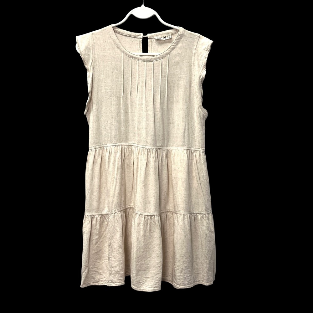 Linen Tiered MIni Dress Ruffle Womens Beige Small Boho Festival Girlhood Pockets